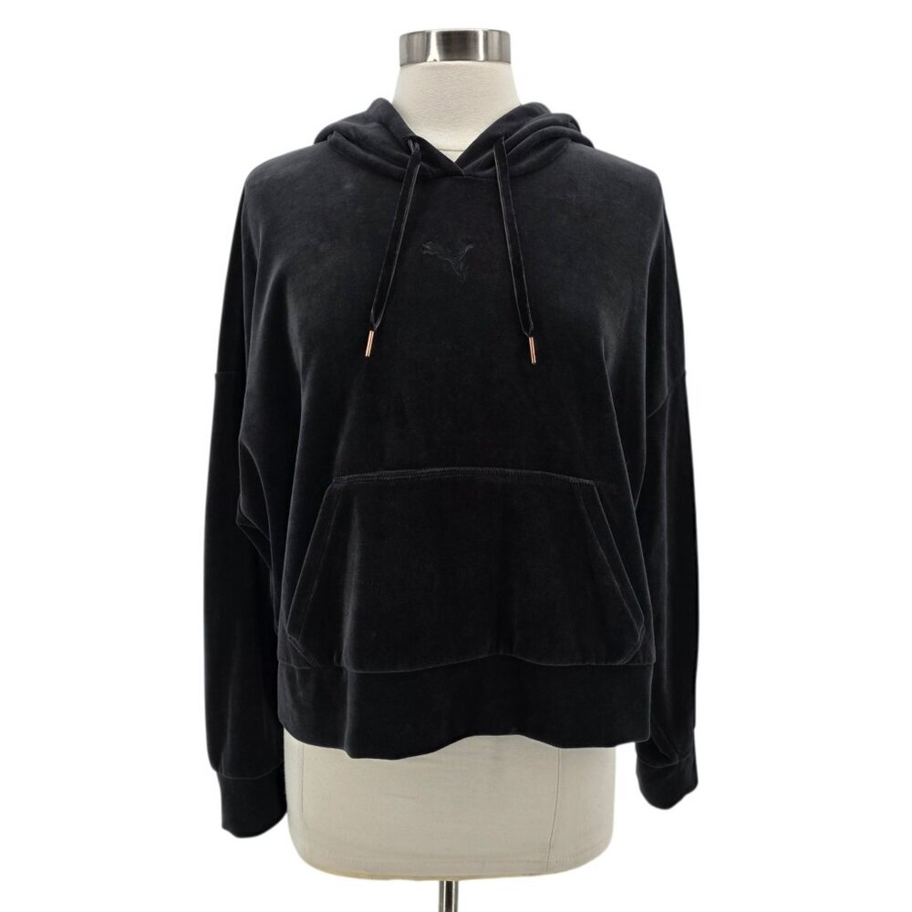 PUMA Womens Large Sweatshirt Her Velour Hoodie Black Logo Pocket Pullover
